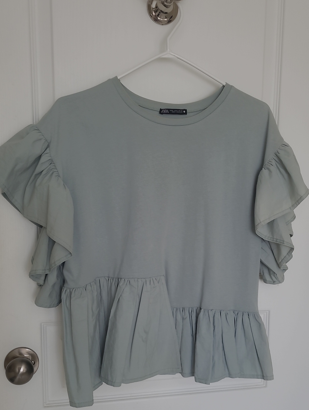 Zara Sage Green Ruffle Sleeve Peplum Top